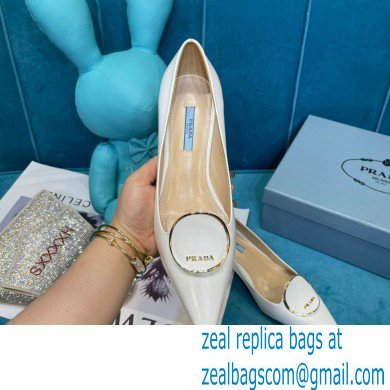 Prada Heel 5.5cm Round Metal Leather Pumps White 2021