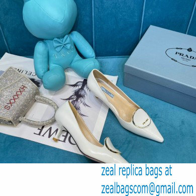 Prada Heel 5.5cm Round Metal Leather Pumps White 2021