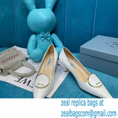 Prada Heel 5.5cm Round Metal Leather Pumps White 2021