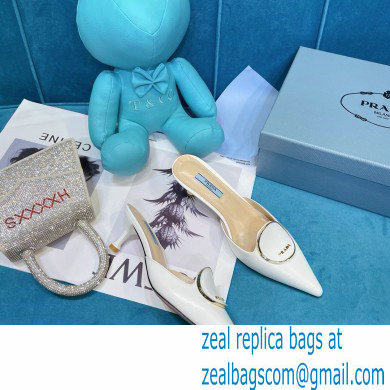 Prada Heel 5.5cm Round Metal Leather Slides White 2021