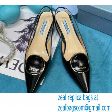 Prada Heel 5.5cm Round Metal Leather Slingback Pumps Black 2021