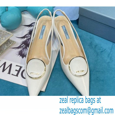 Prada Heel 5.5cm Round Metal Leather Slingback Pumps White 2021