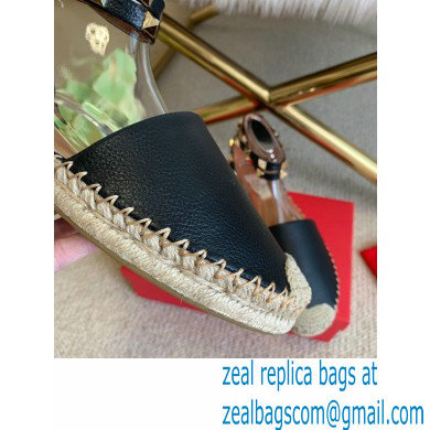 Valentino Grainy Calfskin Leather Rockstud Double Flat Espadrilles Black 2021 - Click Image to Close