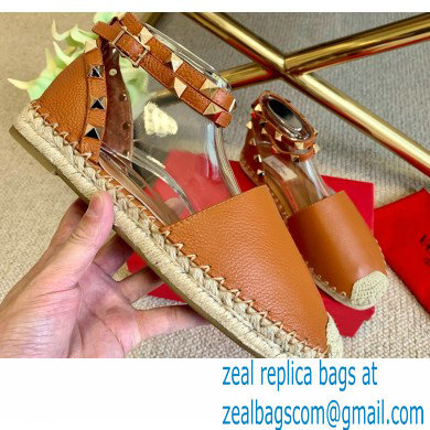 Valentino Grainy Calfskin Leather Rockstud Double Flat Espadrilles Brown 2021