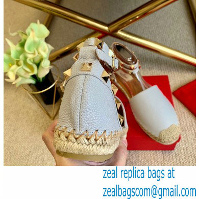 Valentino Grainy Calfskin Leather Rockstud Double Flat Espadrilles Pale Gray 2021