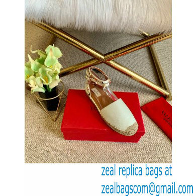 Valentino Grainy Calfskin Leather Rockstud Double Flat Espadrilles White 2021 - Click Image to Close