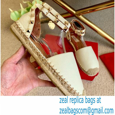 Valentino Grainy Calfskin Leather Rockstud Double Flat Espadrilles White 2021