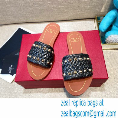 Valentino Straw Braided Rockstud Slide Sandals Black 2021 - Click Image to Close