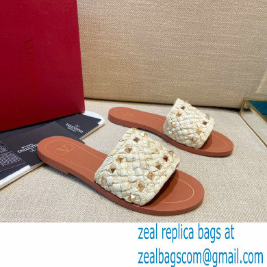Valentino Straw Braided Rockstud Slide Sandals Creamy 2021