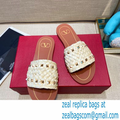 Valentino Straw Braided Rockstud Slide Sandals Creamy 2021 - Click Image to Close