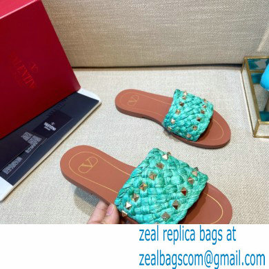 Valentino Straw Braided Rockstud Slide Sandals Green 2021 - Click Image to Close