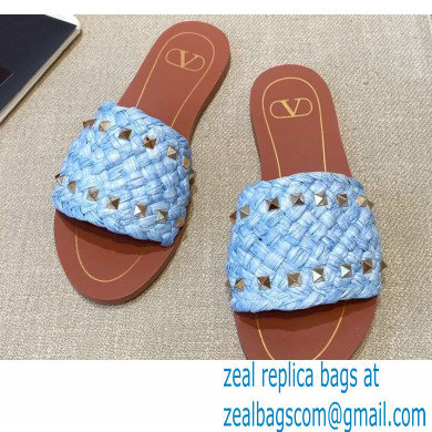 Valentino Straw Braided Rockstud Slide Sandals Pale Blue 2021 - Click Image to Close