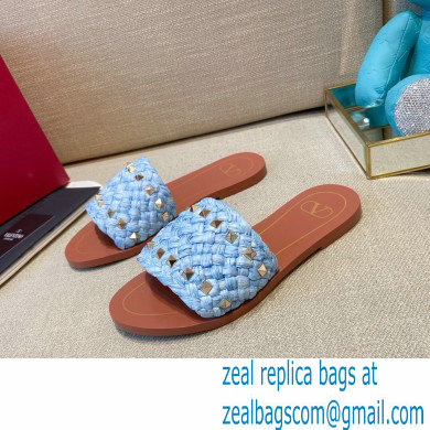 Valentino Straw Braided Rockstud Slide Sandals Pale Blue 2021