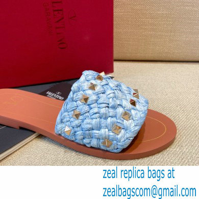 Valentino Straw Braided Rockstud Slide Sandals Pale Blue 2021 - Click Image to Close