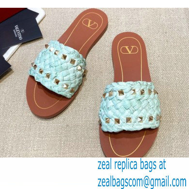 Valentino Straw Braided Rockstud Slide Sandals Pale Green 2021 - Click Image to Close