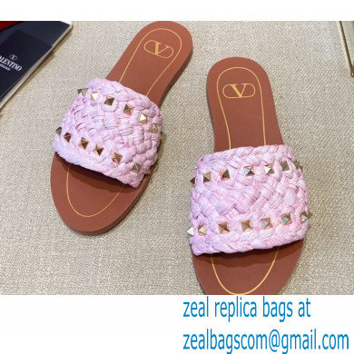 Valentino Straw Braided Rockstud Slide Sandals Pink 2021 - Click Image to Close