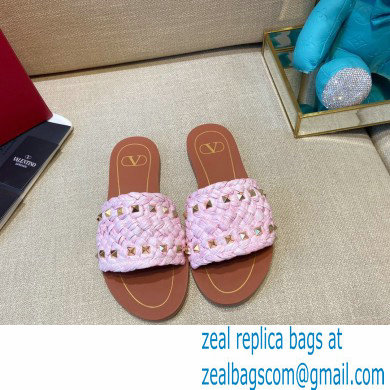 Valentino Straw Braided Rockstud Slide Sandals Pink 2021