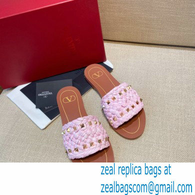 Valentino Straw Braided Rockstud Slide Sandals Pink 2021