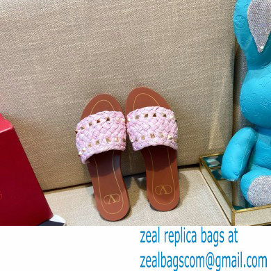Valentino Straw Braided Rockstud Slide Sandals Pink 2021 - Click Image to Close