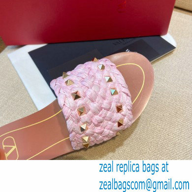 Valentino Straw Braided Rockstud Slide Sandals Pink 2021 - Click Image to Close