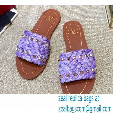 Valentino Straw Braided Rockstud Slide Sandals Purple 2021 - Click Image to Close