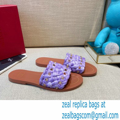 Valentino Straw Braided Rockstud Slide Sandals Purple 2021