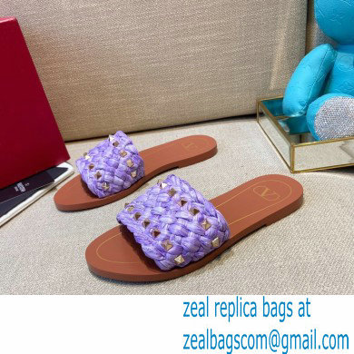 Valentino Straw Braided Rockstud Slide Sandals Purple 2021 - Click Image to Close