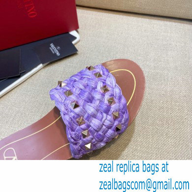 Valentino Straw Braided Rockstud Slide Sandals Purple 2021 - Click Image to Close