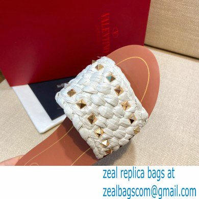 Valentino Straw Braided Rockstud Slide Sandals White 2021 - Click Image to Close