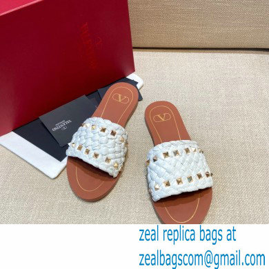 Valentino Straw Braided Rockstud Slide Sandals White 2021 - Click Image to Close