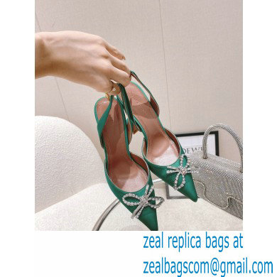 Amina Muaddi Heel Rosie Slingback Pumps Satin Green with Crystal Bow - Click Image to Close