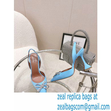 Amina Muaddi Heel Rosie Slingback Pumps Satin Light Blue with Crystal Bow - Click Image to Close