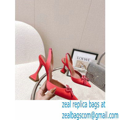 Amina Muaddi Heel Rosie Slingback Pumps Satin Red with Crystal Bow - Click Image to Close
