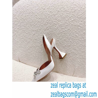 Amina Muaddi Heel Rosie Slingback Pumps Satin White with Crystal Bow - Click Image to Close