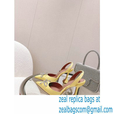 Amina Muaddi Heel Rosie Slingback Pumps Satin Yellow with Crystal Bow - Click Image to Close