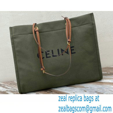 Celine Squared Cabas Tote Bag in Textile and Calfskin Army Green 2021