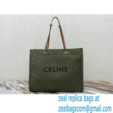 Celine Squared Cabas Tote Bag in Textile and Calfskin Army Green 2021 - Click Image to Close