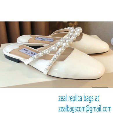 Jimmy Choo Amaya Flats Patent White with Pearl Embellishment 2021