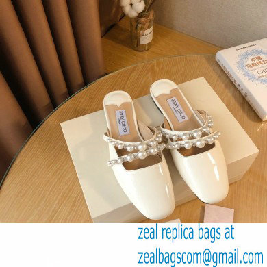 Jimmy Choo Amaya Flats Patent White with Pearl Embellishment 2021