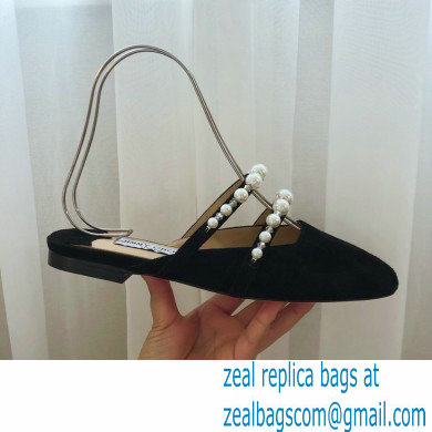 Jimmy Choo Amaya Flats Suede Black with Pearl Embellishment 2021