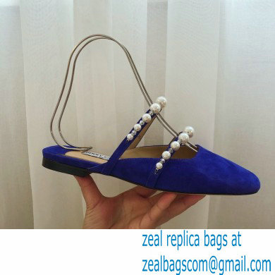 Jimmy Choo Amaya Flats Suede Blue with Pearl Embellishment 2021 - Click Image to Close