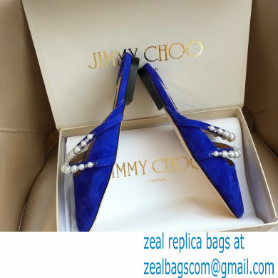 Jimmy Choo Amaya Flats Suede Blue with Pearl Embellishment 2021