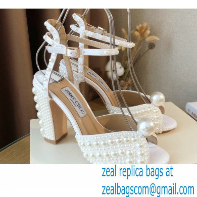 Jimmy Choo Heel 10.5cm Sacaria Sandals White Satin with All-Over Pearl Embellishment 2021