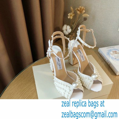 Jimmy Choo Heel 10.5cm Sacaria Sandals White Satin with All-Over Pearl Embellishment 2021