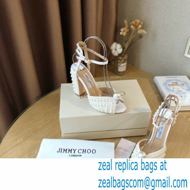 Jimmy Choo Heel 10.5cm Sacaria Sandals White Satin with All-Over Pearl Embellishment 2021