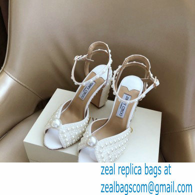 Jimmy Choo Heel 10.5cm Sacaria Sandals White Satin with All-Over Pearl Embellishment 2021