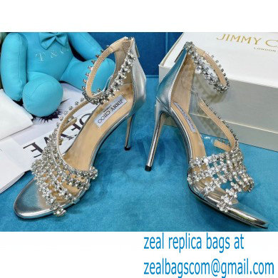 Jimmy Choo Heel 10cm Josefine Sandals Leather Silver with Crystal Embellishment 2021 - Click Image to Close