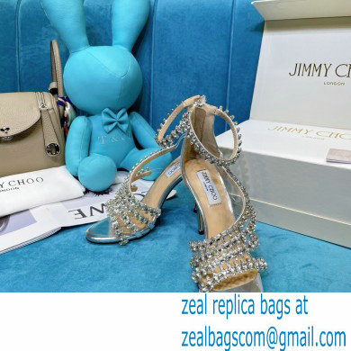 Jimmy Choo Heel 10cm Josefine Sandals Leather Silver with Crystal Embellishment 2021