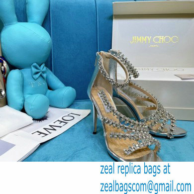Jimmy Choo Heel 10cm Josefine Sandals Leather Silver with Crystal Embellishment 2021