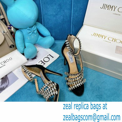 Jimmy Choo Heel 10cm Josefine Sandals Suede Black with Crystal Embellishment 2021